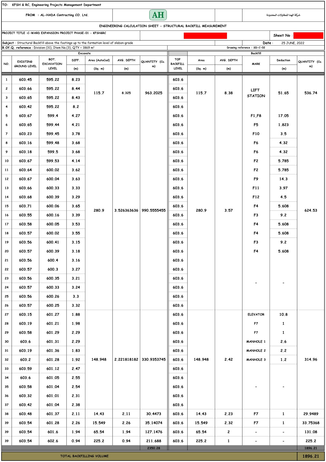 Volume Calculation Sheet